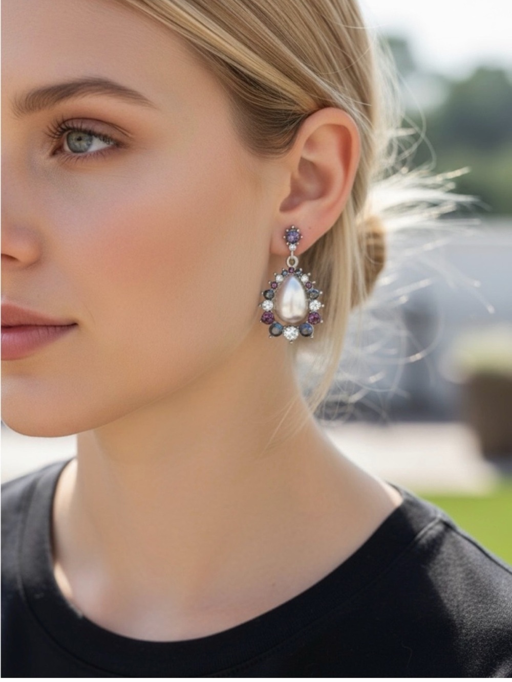 Elegant Pearl Drop Earrings with Purple and Silver Accents